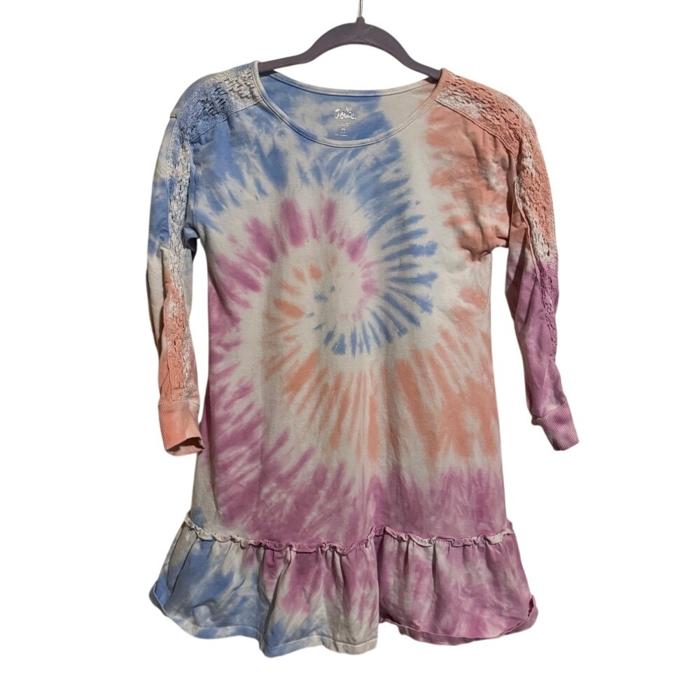 Justice Tie Dye Long Sleeve‎ Dress Lace Shoulders Ruffle Hem Size M